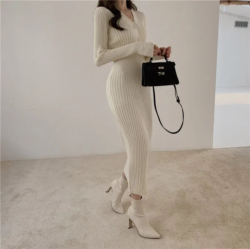 Knit V Neck Women Sweater Dress Long Sleeve Bodycon Office