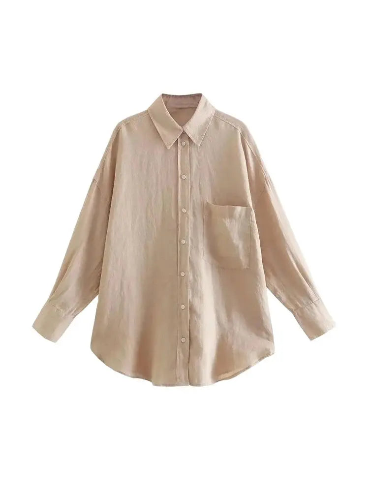 Women's Oversized Vintage Long Sleeve Button-Up Shirt with Pocket Chic Blouse Top