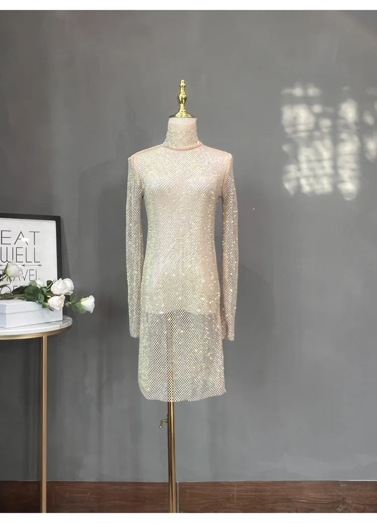 Rhinestone High Neck Glitter Party Dress Mid Length
