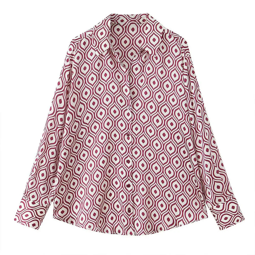 Women's Geometric Print Satin Effect Shirt with Lapel Collar Long Sleeve Single Breasted Slim Fit Chic Top for Spring and Summer