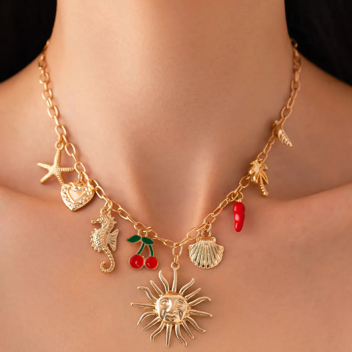 Sun Starfish Scallop Pendant Necklace for Women Vintage Beach Jewelry Gift