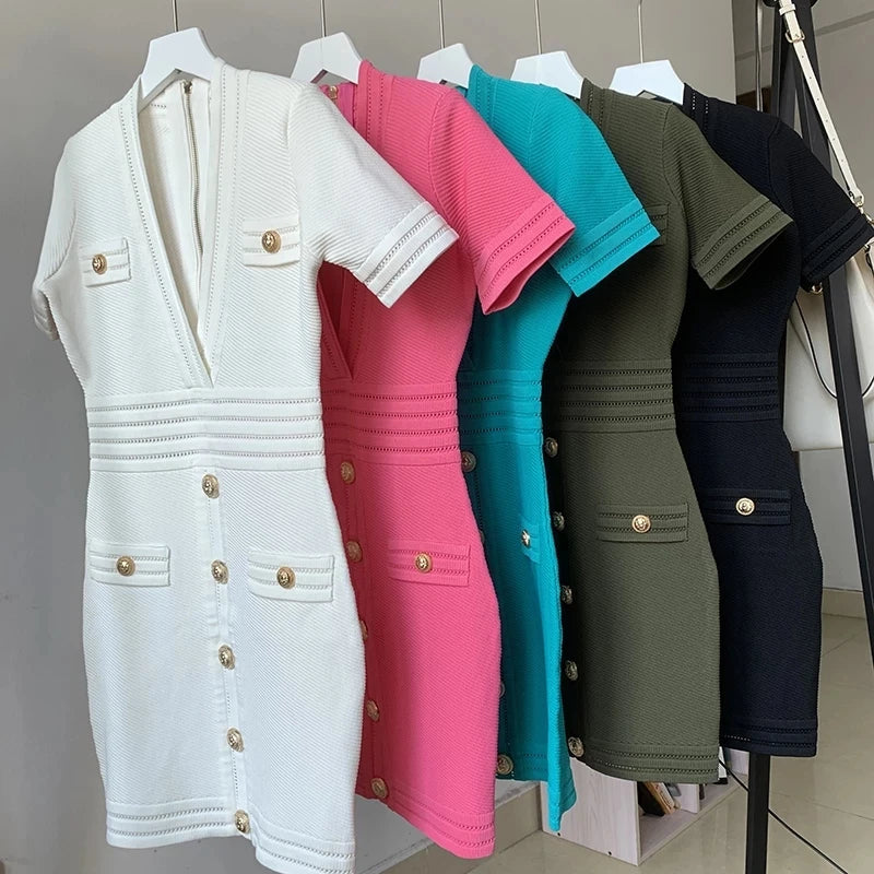 V Neck Knit Short Sleeve Black Sheath Dress With Elastic