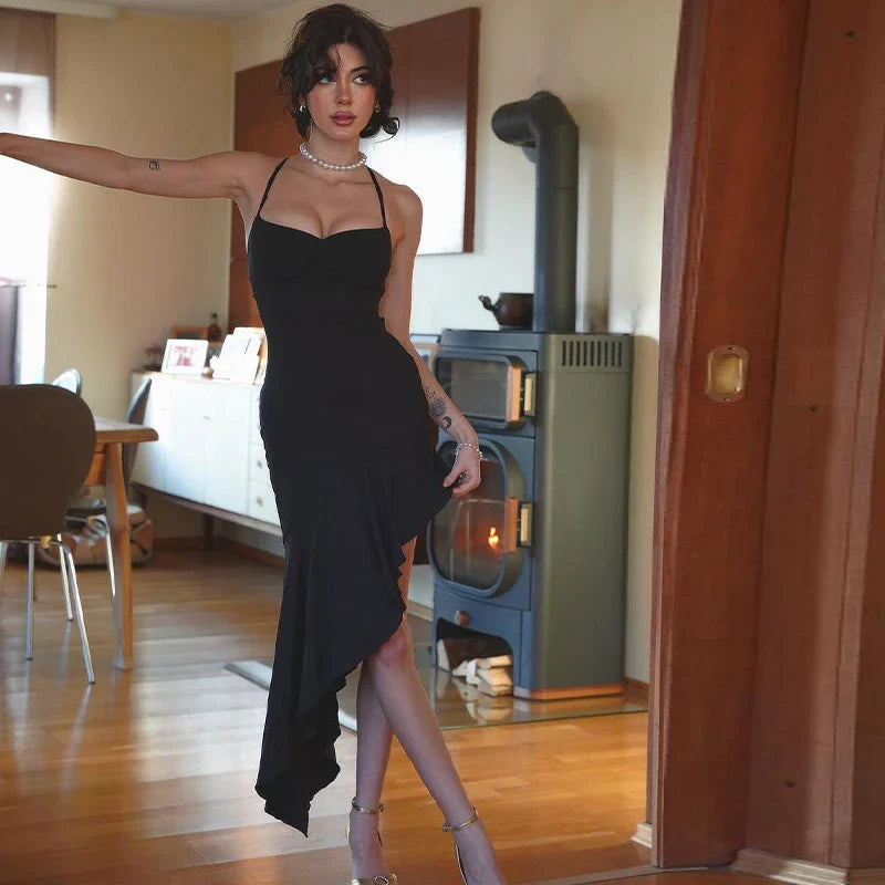 Backless Lace Up Draped Midi Dress With Square Collar