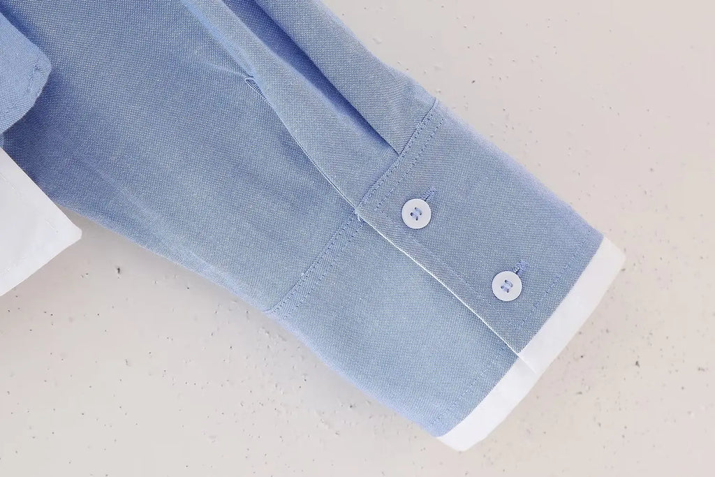 Elegant Patchwork Blouse for Women Long Sleeve Single Breasted Lapel Shirt Chic Short Top