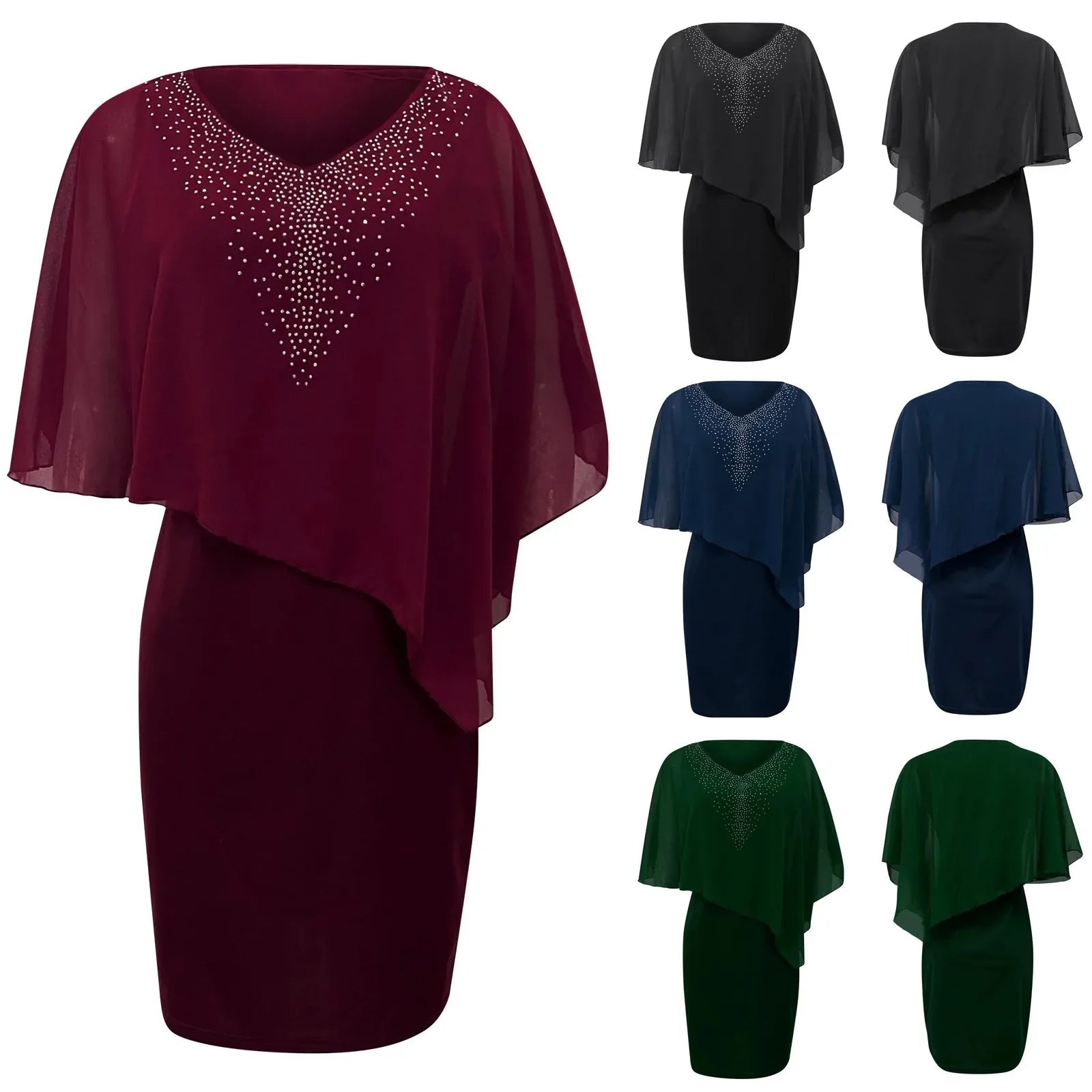 Plus Size V Neck Overlay Chiffon Sequins Dress For Women