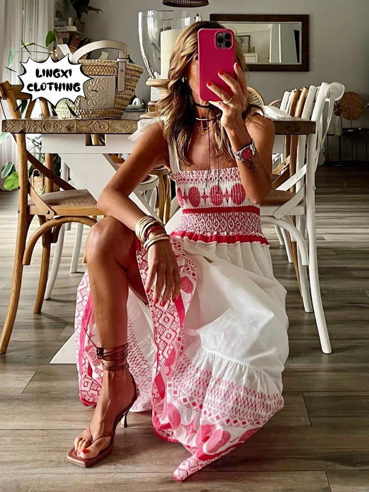 Bohemian Lace Up Maxi Dress Print for Beach Resort Wear