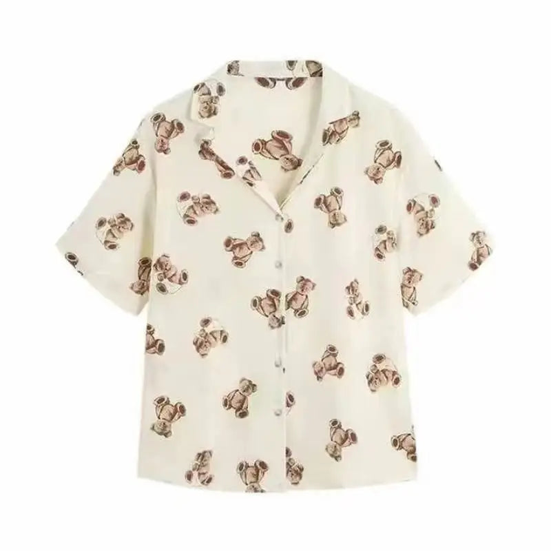 Summer Women's Chiffon Bear Print Short Sleeve T-Shirt Loose Vintage Casual Blouse Lightweight Korean Fashion Top for Ladies