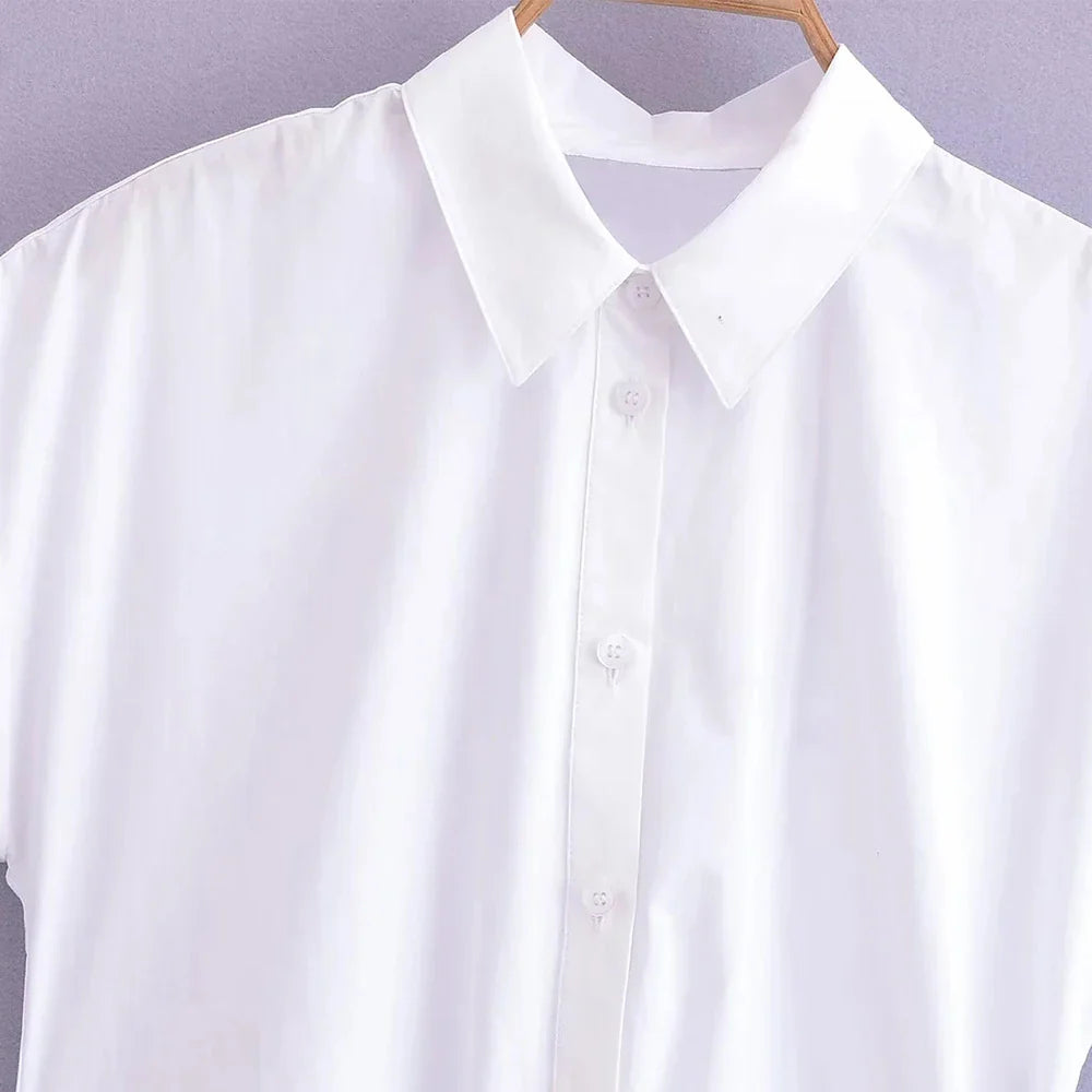 Asymmetric Poplin Shirt for Women with Front Knot Ties Short Sleeve Button-Up Chic Blouse Top