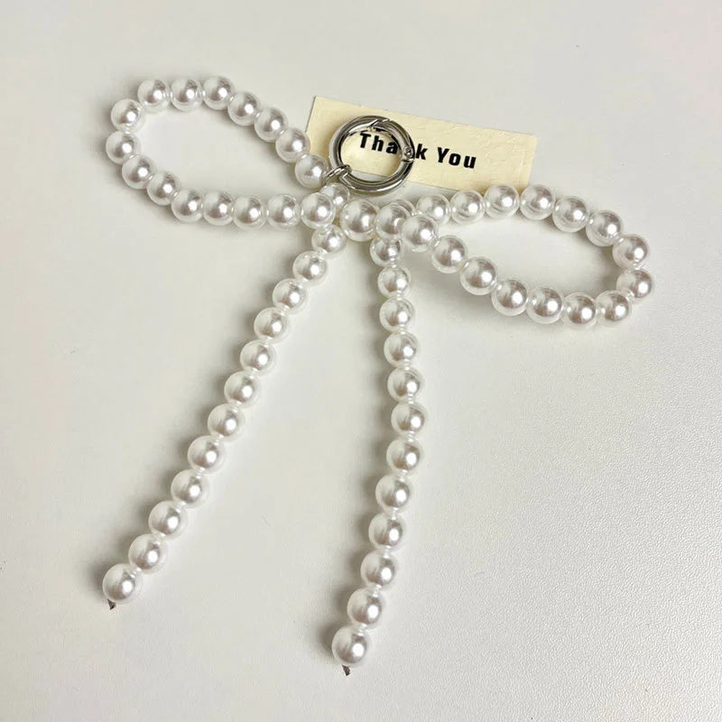 Korean Cute Beaded Pearl Bowknot Keychain for Women and Girls Metal Bow Pendant Bag Decoration Accessories