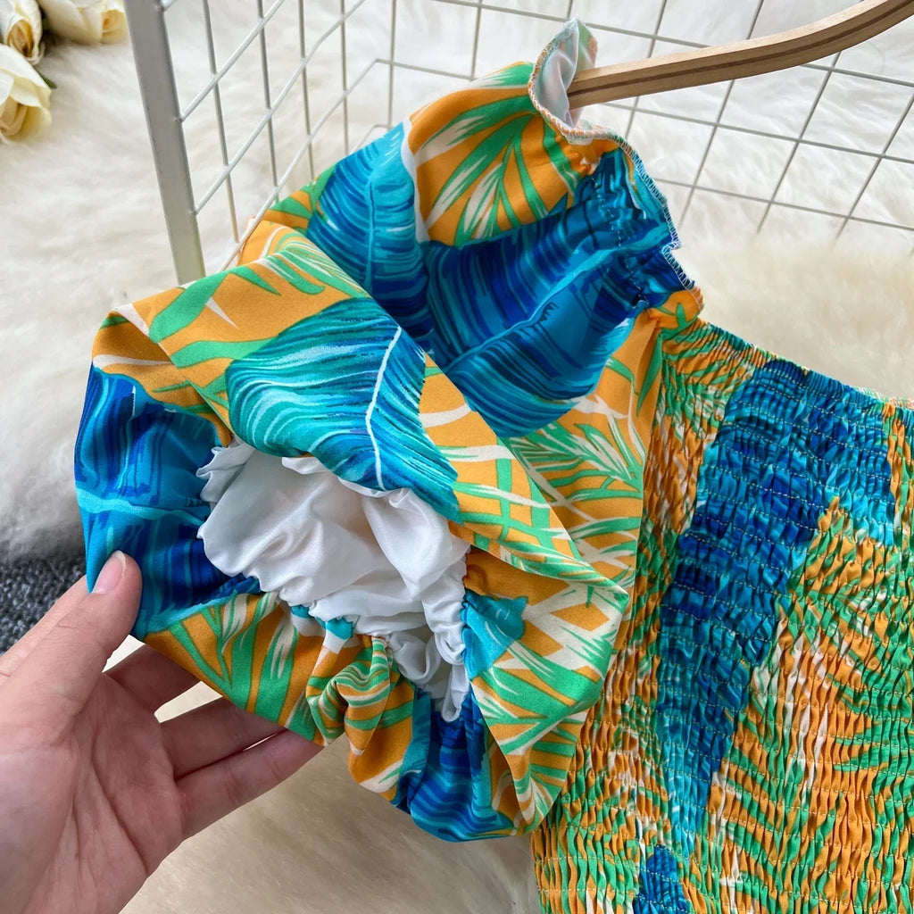 Square Neck Loose Pleated Jumpsuit with Ruffles Backless Design Wide Leg Long Pants Elegant Chic Printed Playsuit for Women