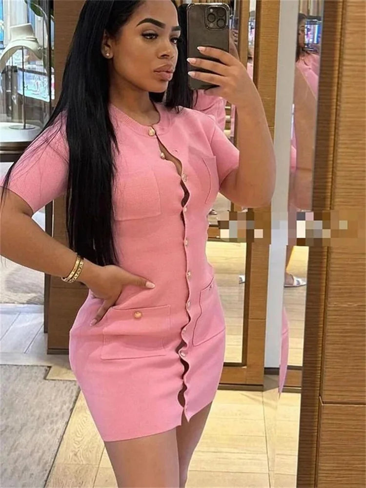 Ribbed Pocket Knit Dress For Women High Waist Mini Chic