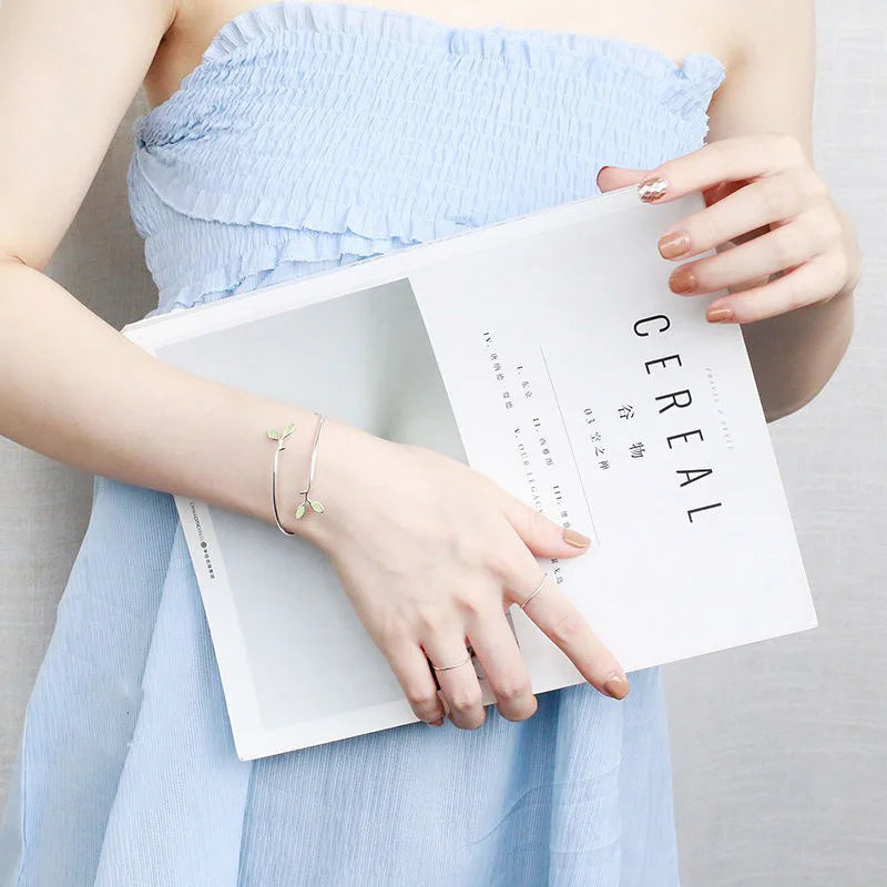 925 Sterling Silver Bangle with Green Opal Leaf Design for Women - Elegant Twigs Branch Jewelry Gift