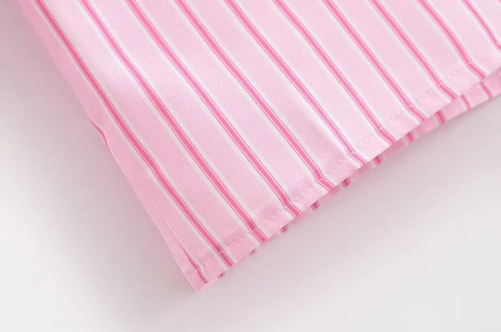 Chic Pink Striped Loose Fit Long Sleeve Blouse for Women Elegant Casual Street Style Shirt