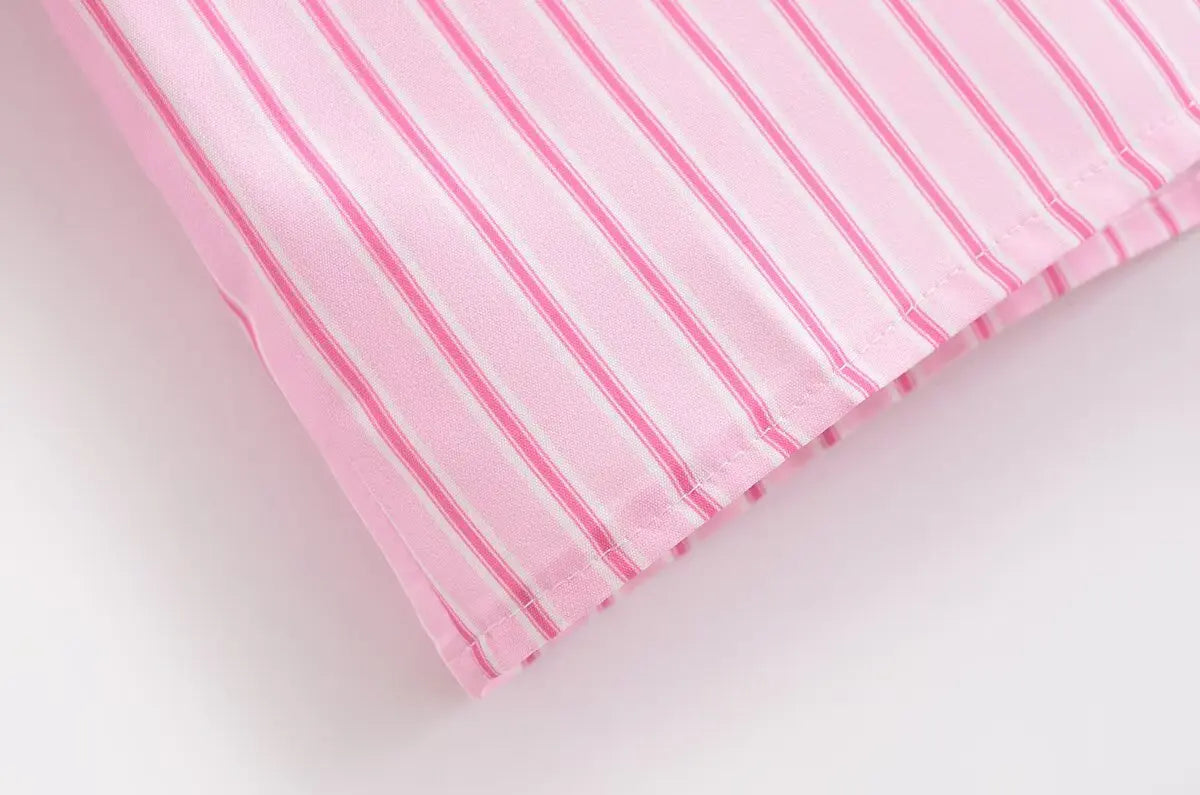 Chic Pink Striped Loose Fit Long Sleeve Blouse for Women Elegant Casual Street Style Shirt