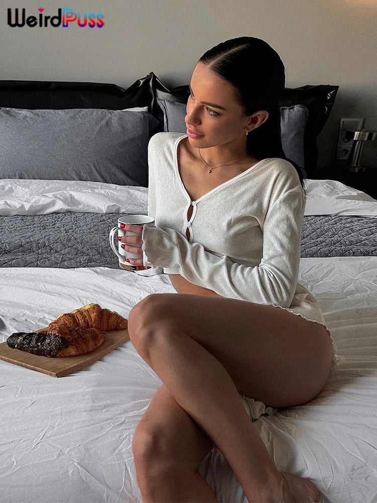 Casual Solid Two Piece Set for Women Long Sleeve Single Breasted Crop Top with Ruffled Thin Mini Shorts Autumn Trend Stylish Matching Outfit