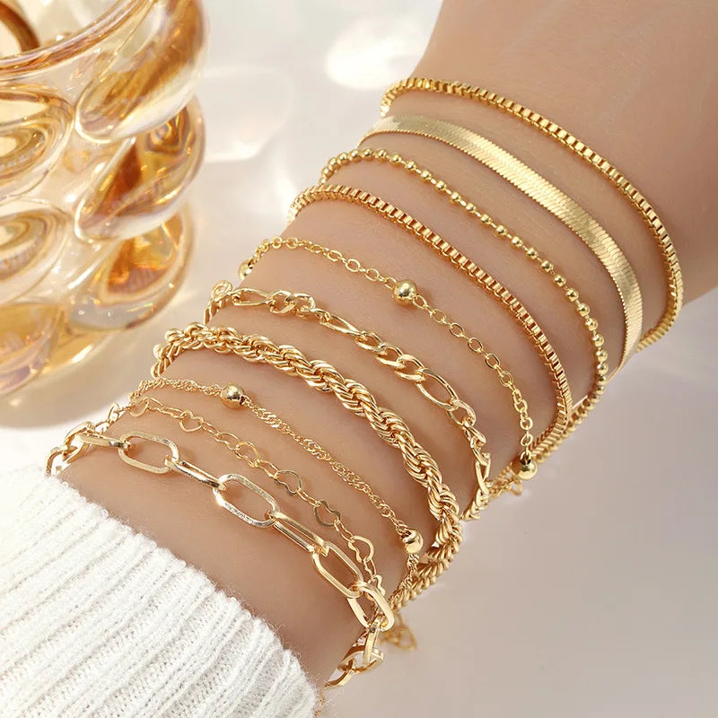 10 Pcs Vintage Gold Color Snake Chain Bracelet Set for Women Boho Multi-Layer Summer Jewelry
