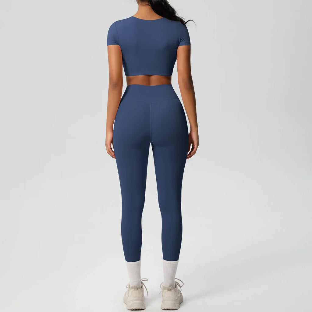 Yoga Set for Women Fitness Sportswear with Short Sleeve Top and High Waist Leggings