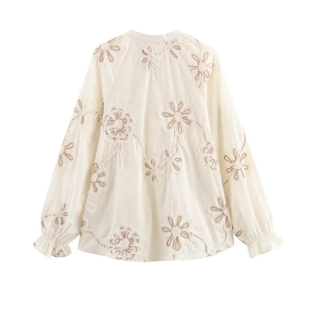 Womens Flower Embroidered Cropped Blouse Loose Tassel Lantern Sleeve Round Neck Chic Top