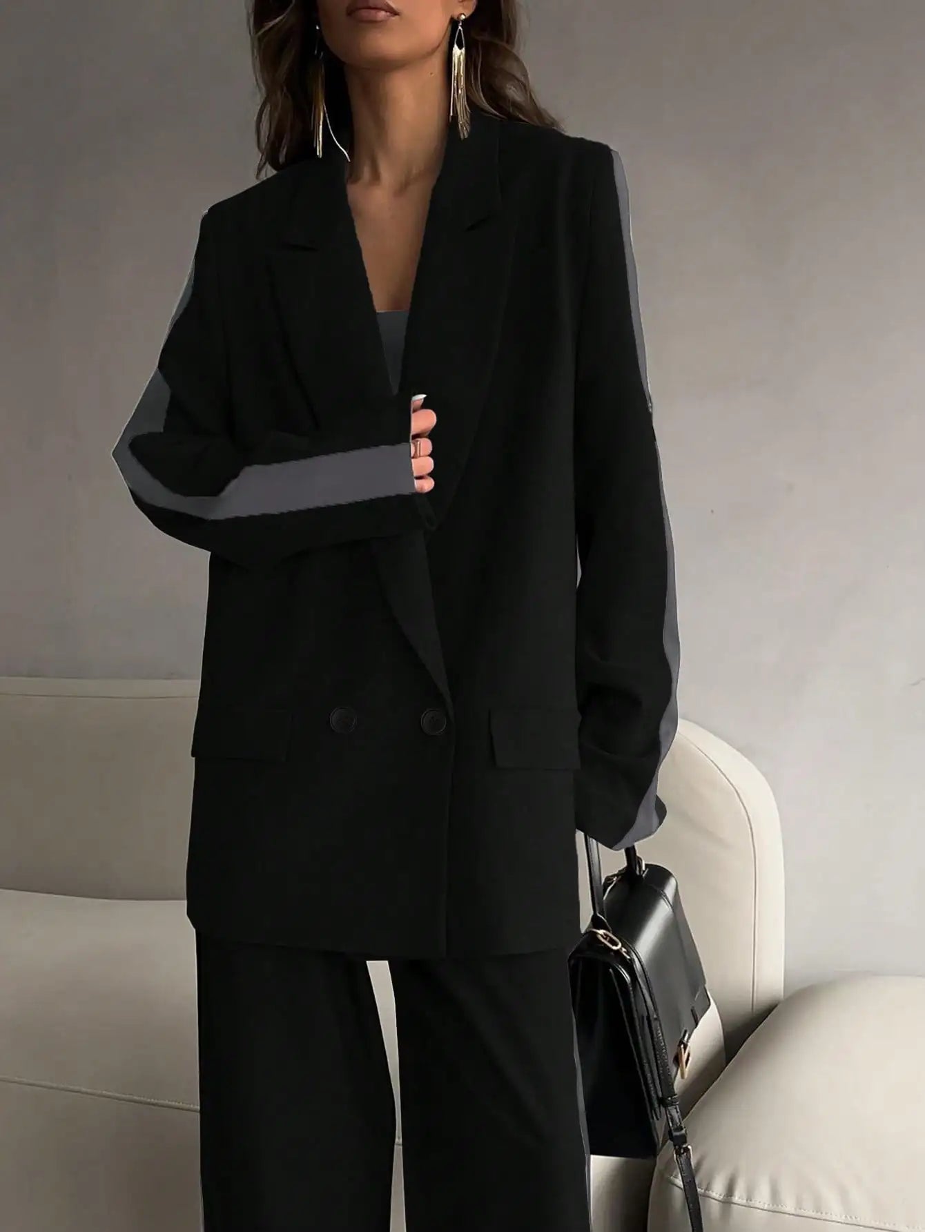 2 Piece Women's Business Suit Set with Contrast Color Blazer and Elastic Waist Straight Leg Pants for Elegant Office Style