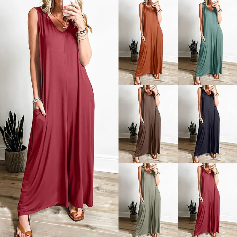 Summer Casual Women's Lightweight Pocket Jumpsuit Breathable Thin Fabric Romper for Daily Wear