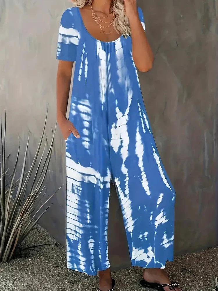Plus Size Women Summer Jumpsuit Allover Print Wide Leg Short Sleeve Round Neck Relaxed Fit with Pockets Comfortable Casual Outfit