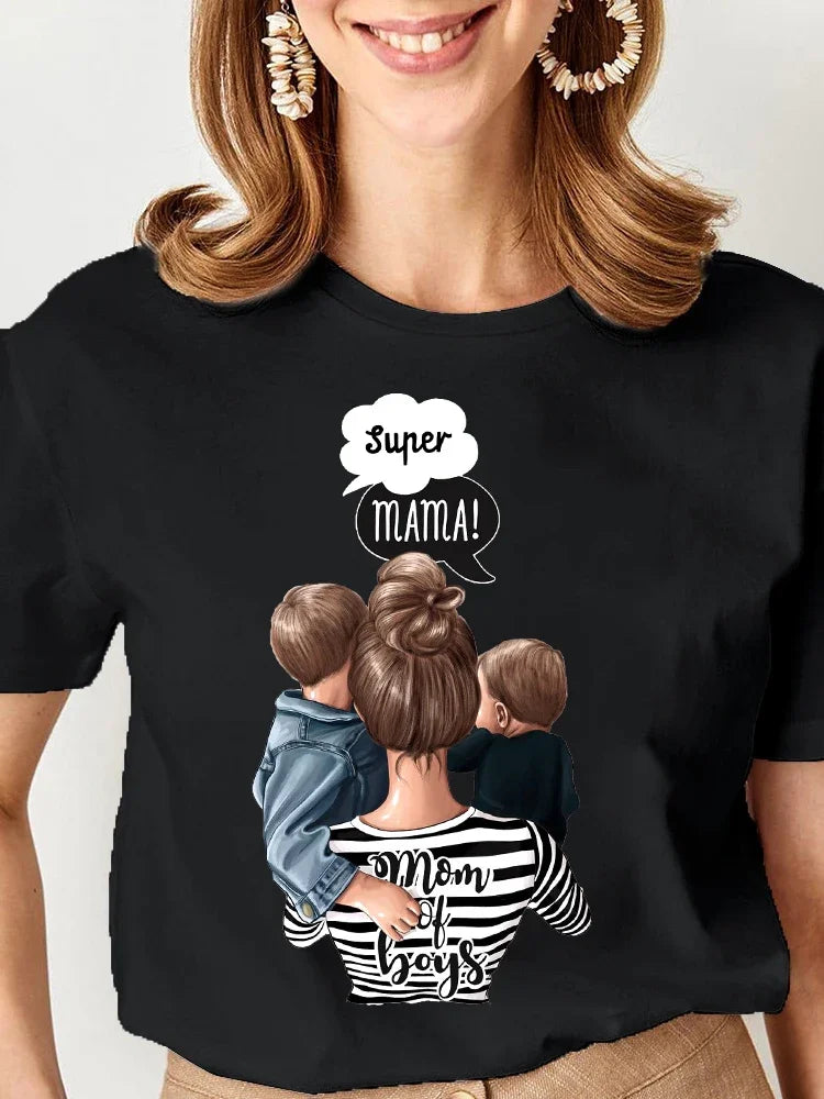 Women Cartoon Super Mom Life Graphic T-Shirt Summer Print Tee for Moms
