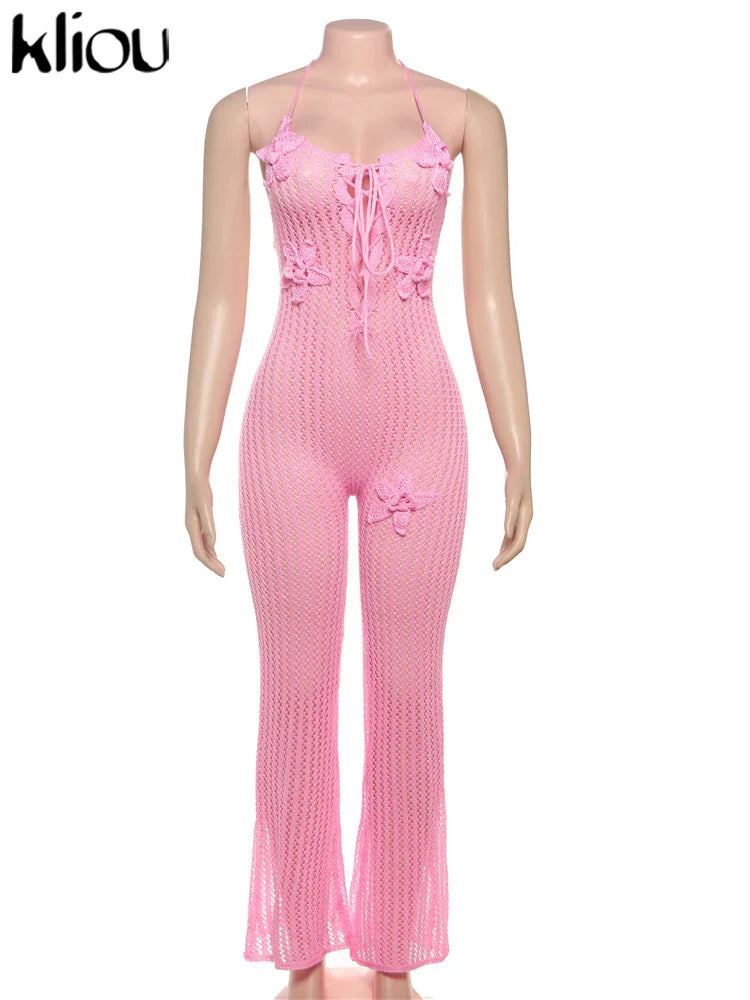 Knitted Floral Women Jumpsuit Sexy Pleated Halter Neck Bandage Low Back Skinny Overalls Trendy Solid Streetwear
