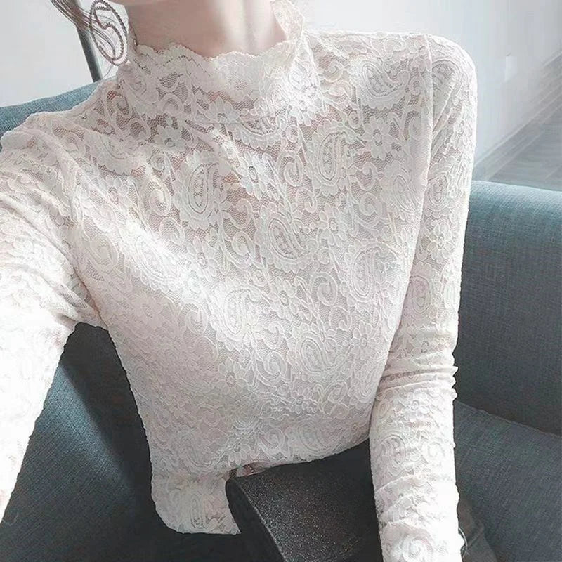 Thick and Thin Fleece Women's Long Sleeve High Neck Lace T-Shirt for Office and Casual Wear