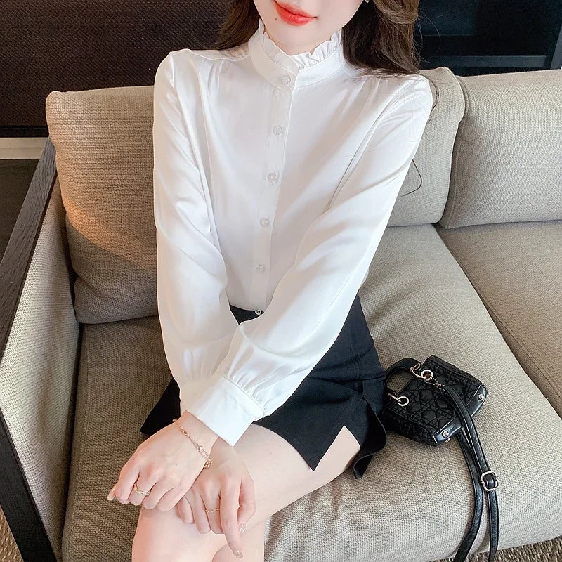 Women's Elegant Long Sleeve Chiffon Blouse with Stand Collar Lightweight White Shirt Top