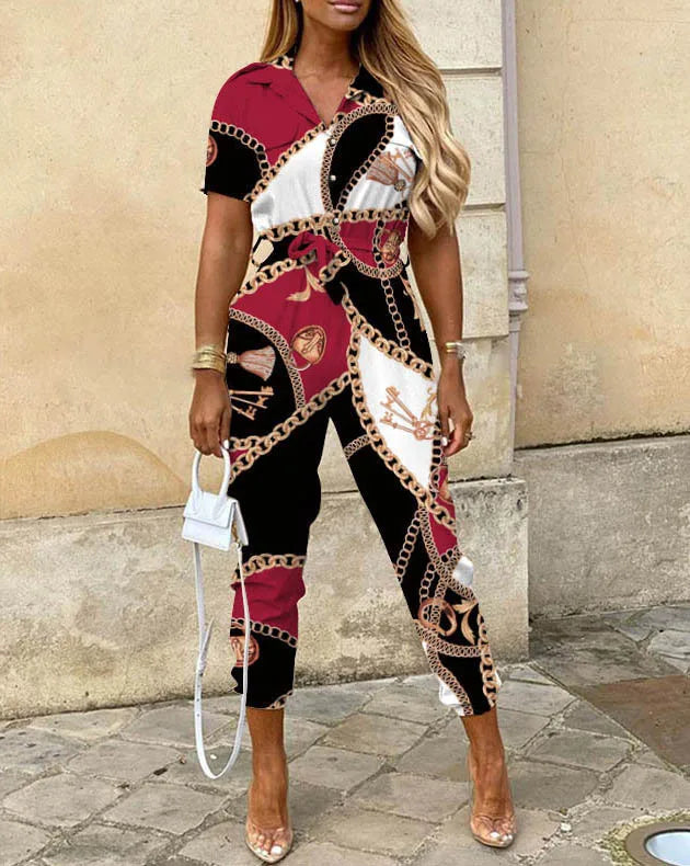 Summer Casual Women's Jumpsuit with Lapel Collar Printed Waistband and Stylish Buckle Detail