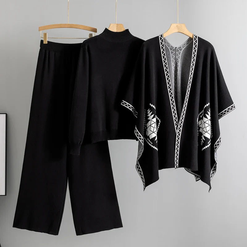 Cozy Knit Shawl and Wide Leg Pants Set with Elegant Turtleneck Sweater Women's 3-Piece Fall Outfit