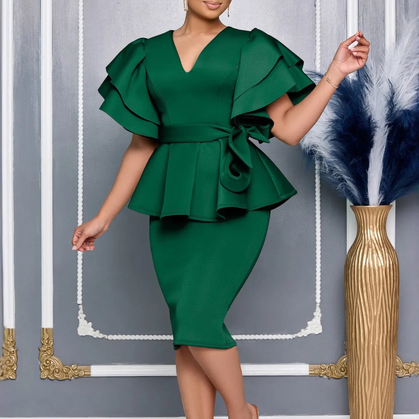 V Neck Bodycon Midi Dress With Ruffle Sleeves For Women