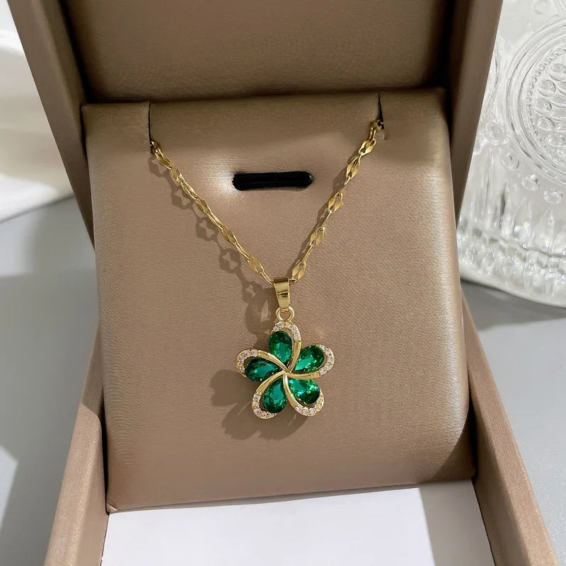 Stainless Steel Green Zircon Flower Pendant Necklace for Women Luxury Birthday Jewelry Gift