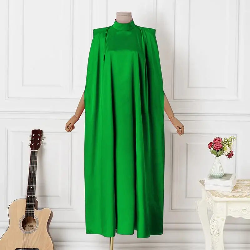 Satin Pleated Evening Dress With Stand Collar Long Sleeve