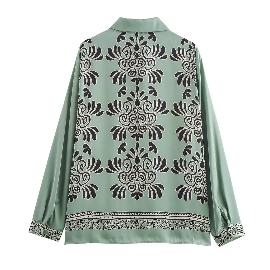 Loose Fit Long Sleeve Silk Satin Printed Shirt and Pants Set for Women