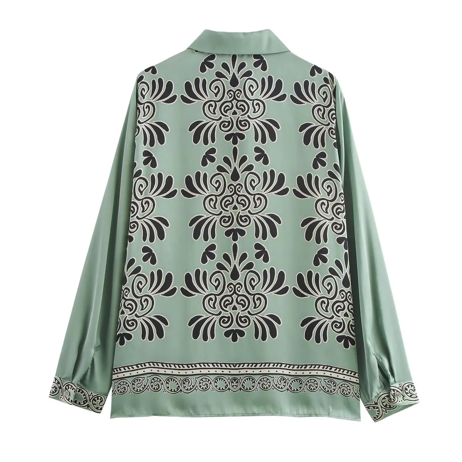 Loose Fit Long Sleeve Silk Satin Printed Shirt and Pants Set for Women