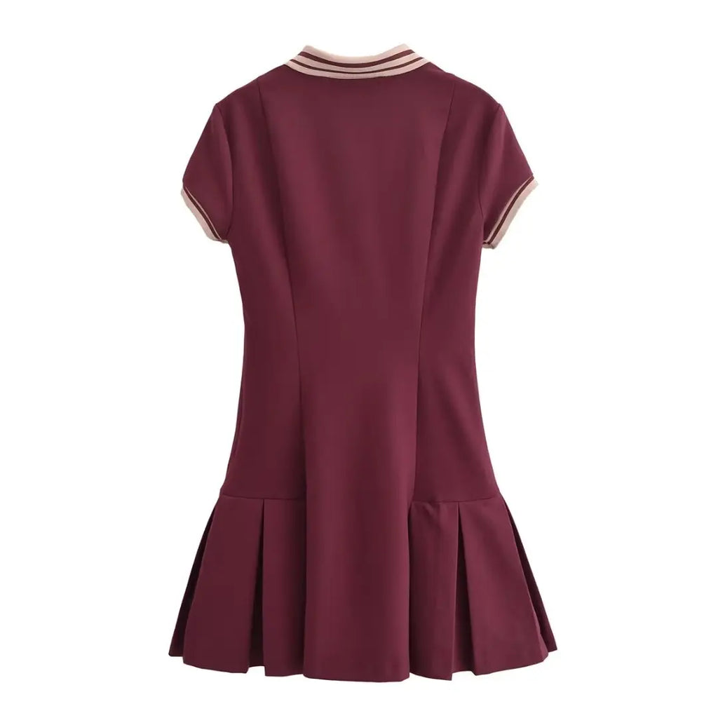 Retro Ribbed Pleated Dress For Women With Contrast Trim