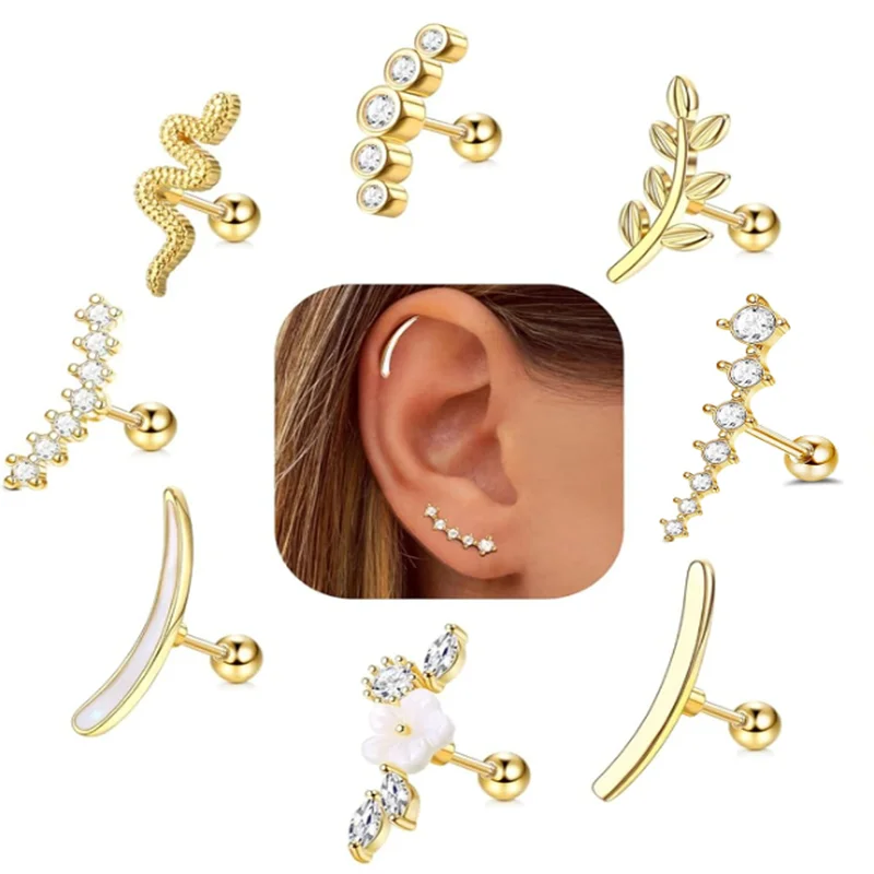 16G Stainless Steel Screw Back Stud Earrings with Cubic Zirconia for Cartilage Conch Helix Ear Piercing