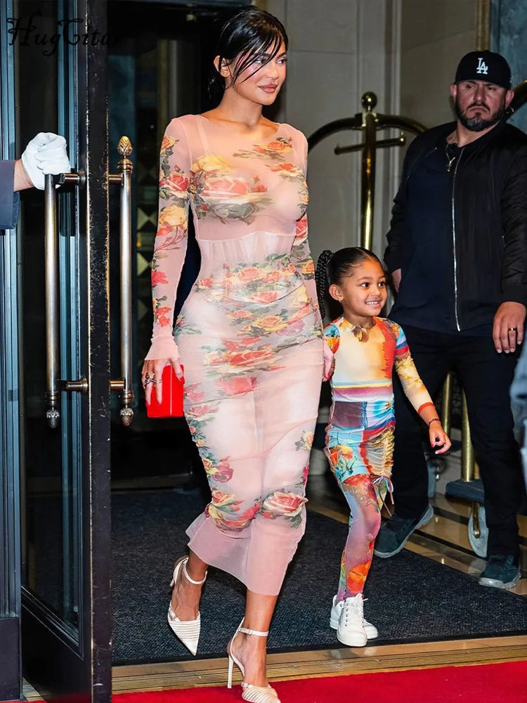 Sheer Mesh Floral Maxi Dress Long Sleeve Beachwear