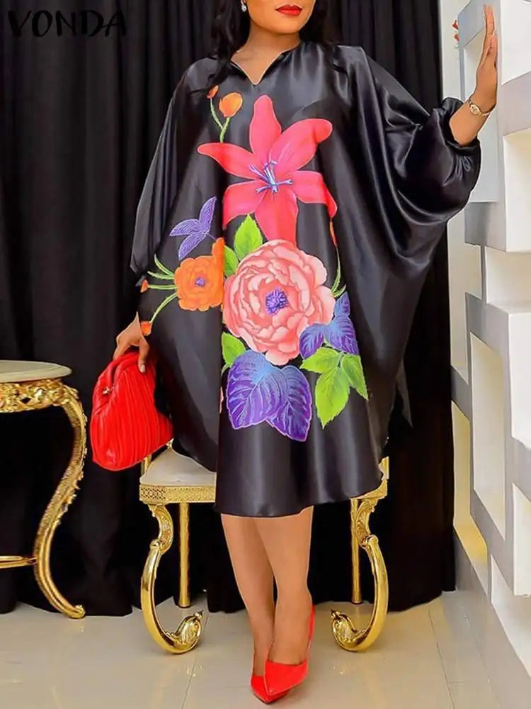 Bohemian Floral Midi Dress With Bat Sleeve Casual Loose Fit