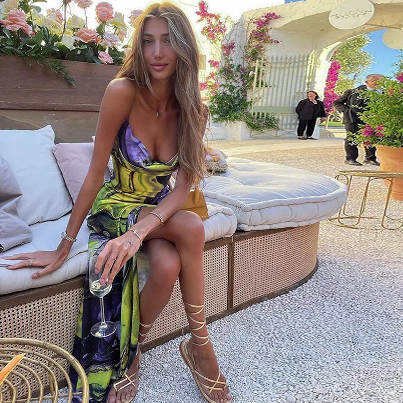 Backless Summer Print Dress with Slit and Spaghetti Straps