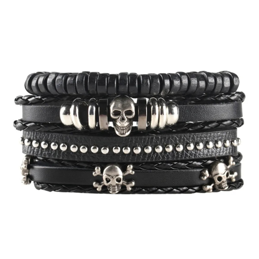 Punk Style Evil Eye Skull Bracelet Set with Adjustable PU Leather and Beads - 4/5/6 Pieces