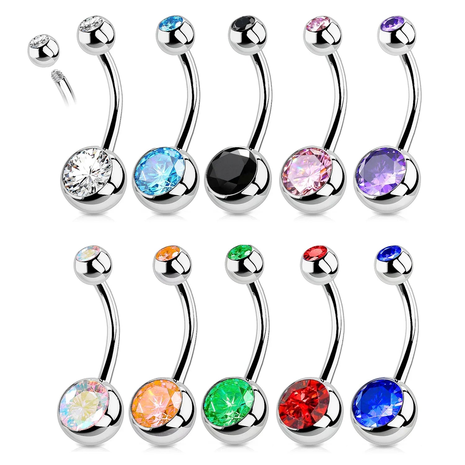 G23 Titanium Crystal Gem Curved Barbell Belly Button Rings for Navel Piercings