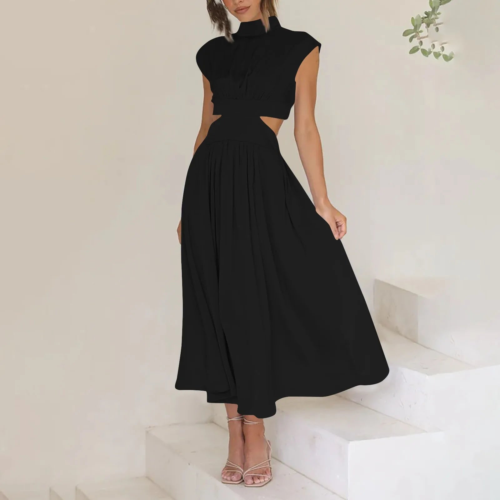 Solid Color High Waist Maxi Dress Sleeveless With Pockets