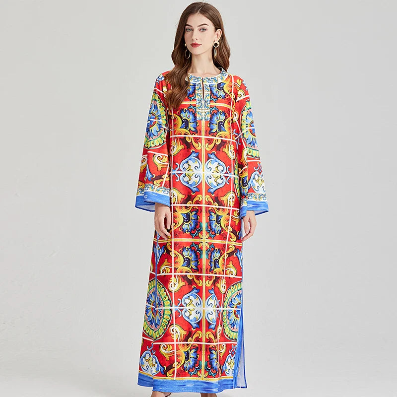 Bohemian Maxi Dress Floral Print Long Sleeve O Neck