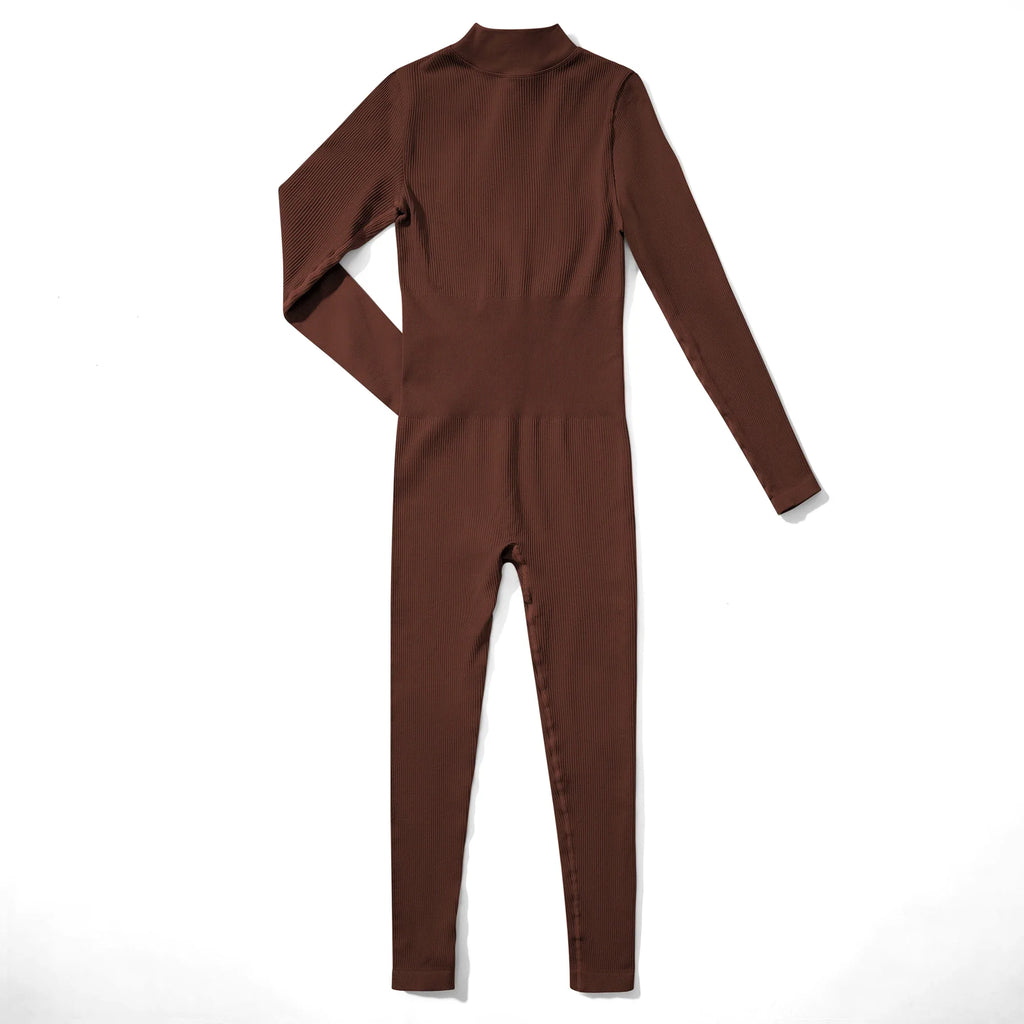 Bodycon Slim Fit Zipper Jumpsuit for Women Casual Brown Fitness Romper Streetwear Playsuit Overall