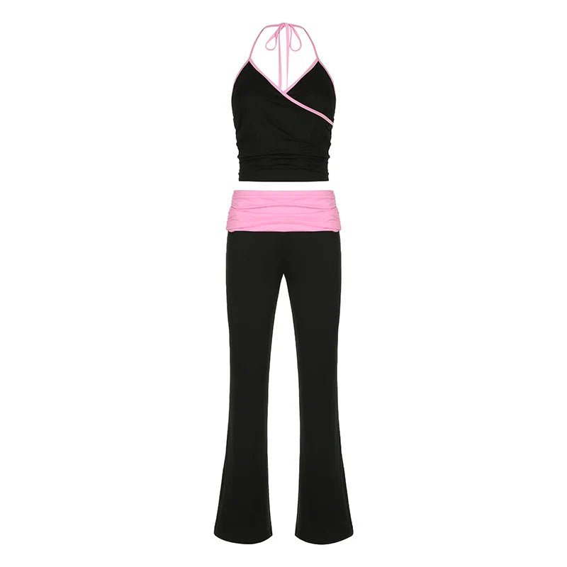 Cute Contrast Color Patchwork Two Piece Set for Women Halter Neck Top and Trousers Y2K Fashion Korean Outfit