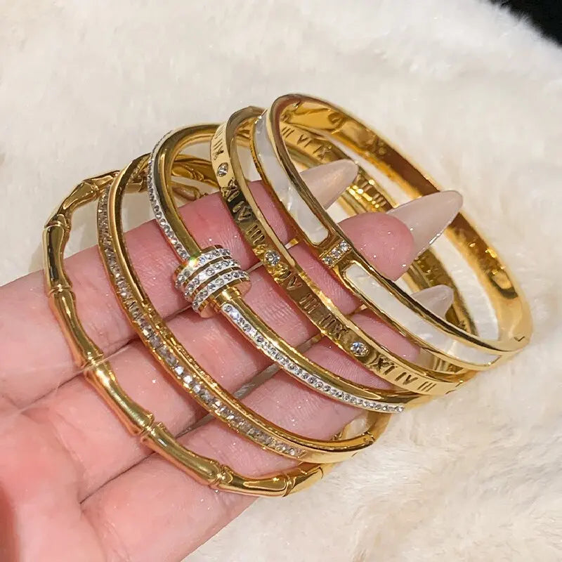 Titanium Steel Gold Bracelet for Women with Zircon Inlay, Fashionable Roman Design for Daily Wear