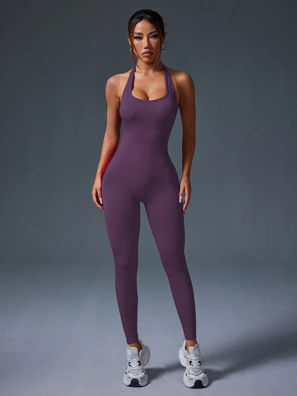 Women's Purple Ribbed Backless Hanging Neck Yoga Jumpsuit Tailored Fit for Body Contouring and Comfort