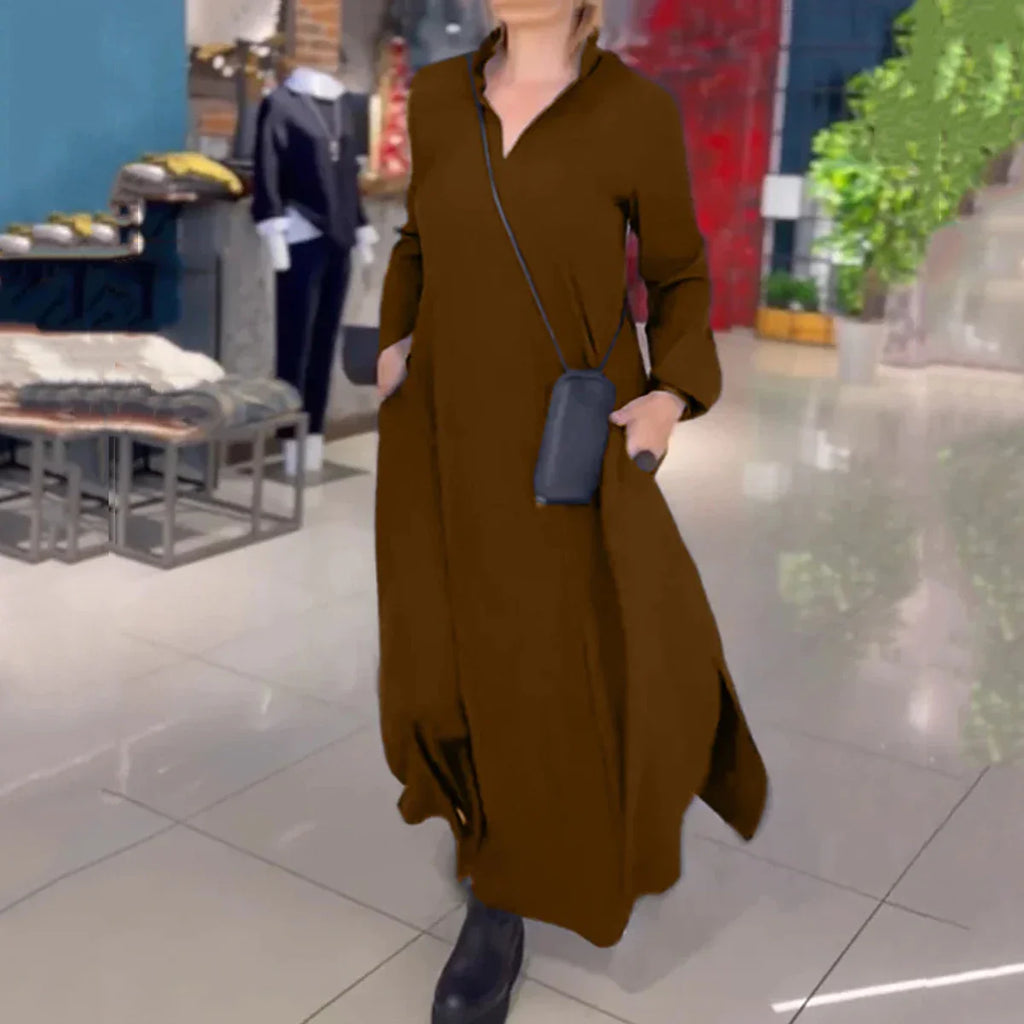 Casual Loose Fit V-Neck Long Sleeve Solid Color Dress